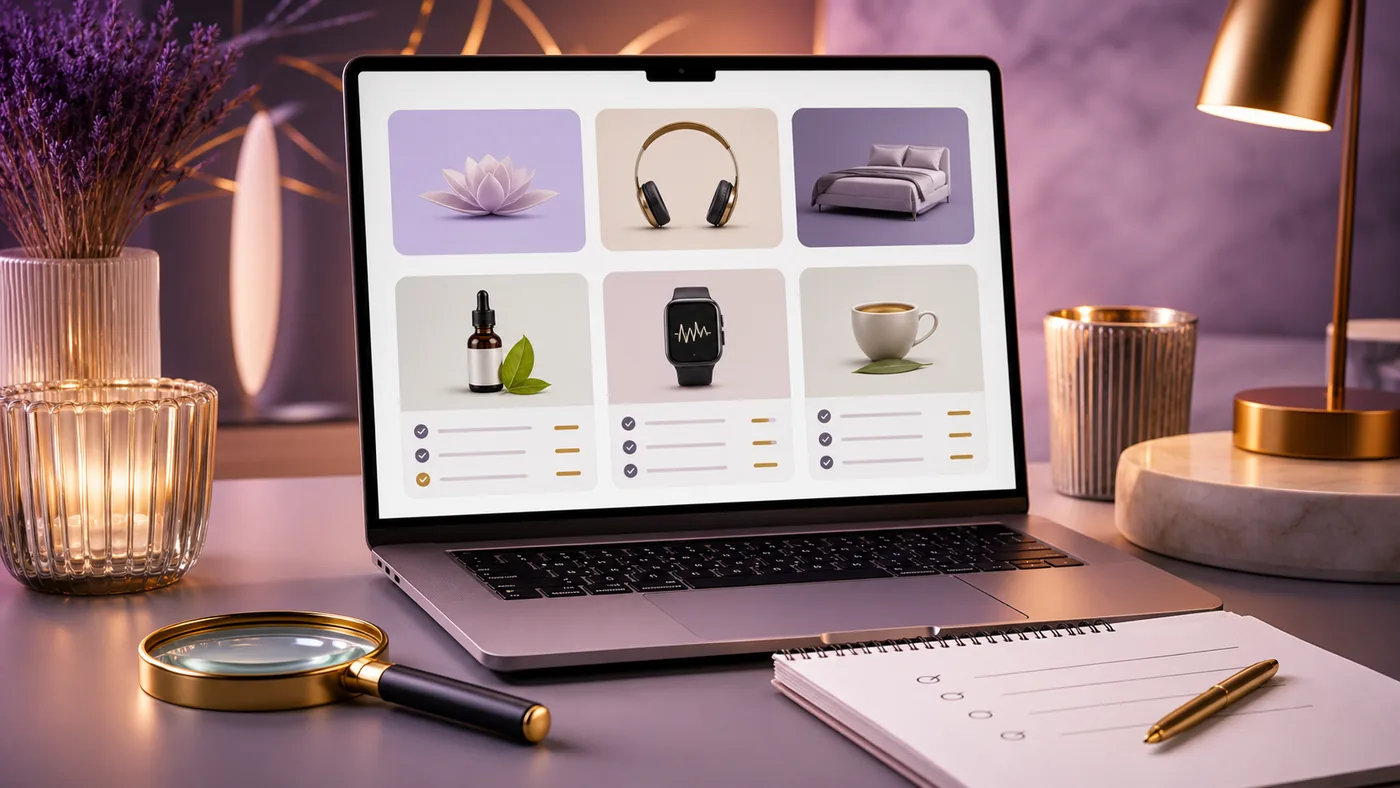 Elegant buyer research workspace with anonymous offer tiles and checklist
