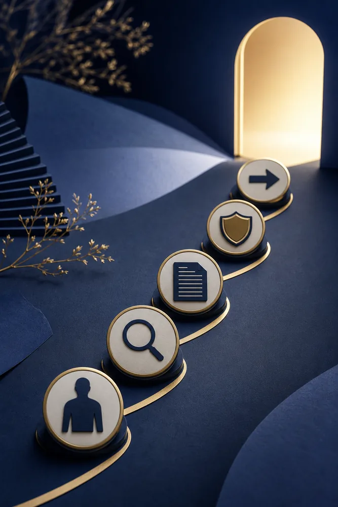 Five-step conceptual buyer verification path leading toward a clear next decision